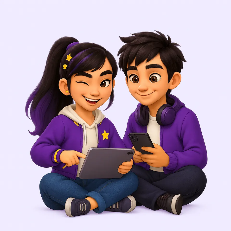 Aiko y Riku, adolescentes de Milah Aprende, estudian juntos con una tableta y un teléfono.