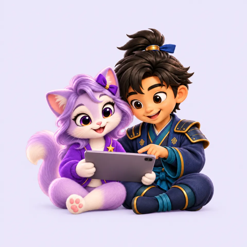 Luna y Kaito, el samurái, aprenden juntos usando una tableta.